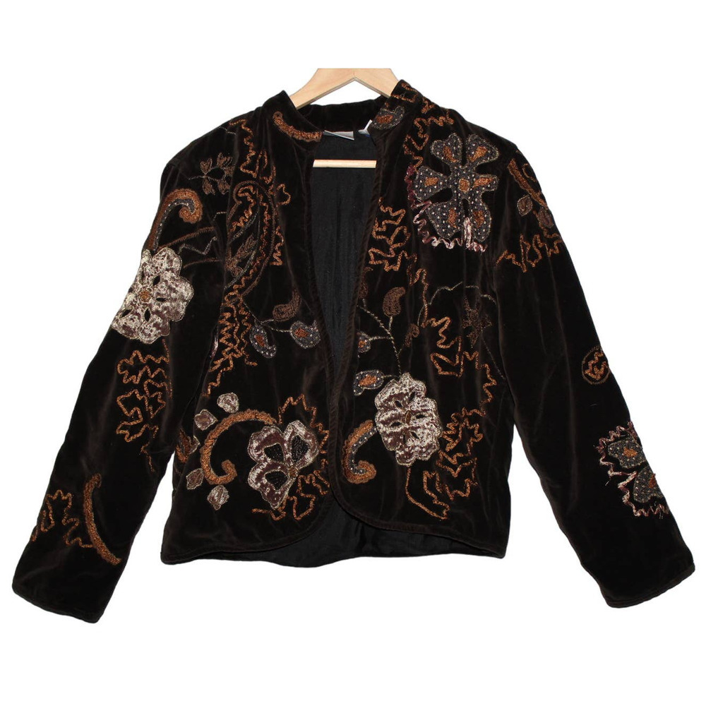 Womens Chicos Brown Tan Cotton Floral Long Sleeve Blazer Suit Coat Jacket Size 1